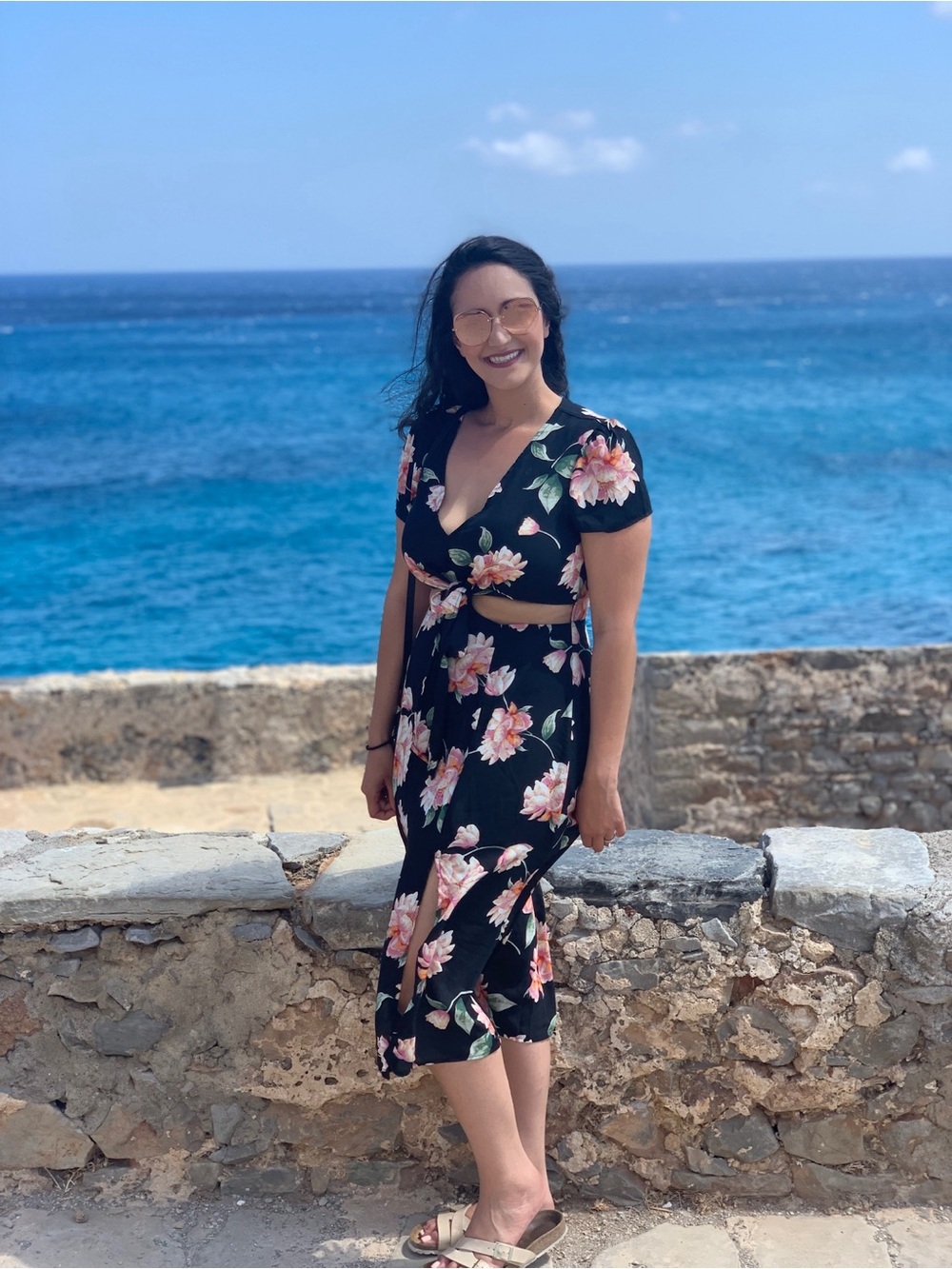 Lulu's Black Floral Tie-Front with Cut Out Midi Dress with Pink Blooms